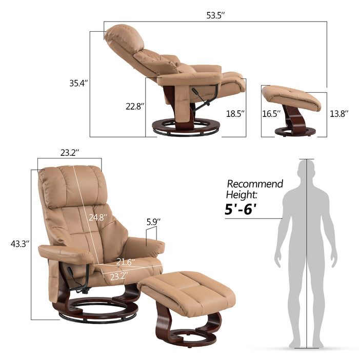 Mcombo Recliner with Ottoman Reclining Chair with Massage and Lumbar Pillow, 360 Degree Swivel Wood Base, Faux Leather 9068