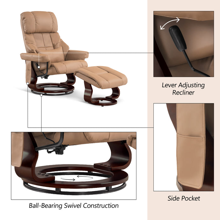 Mcombo Recliner with Ottoman Reclining Chair with Massage and Lumbar Pillow, 360 Degree Swivel Wood Base, Faux Leather 9068
