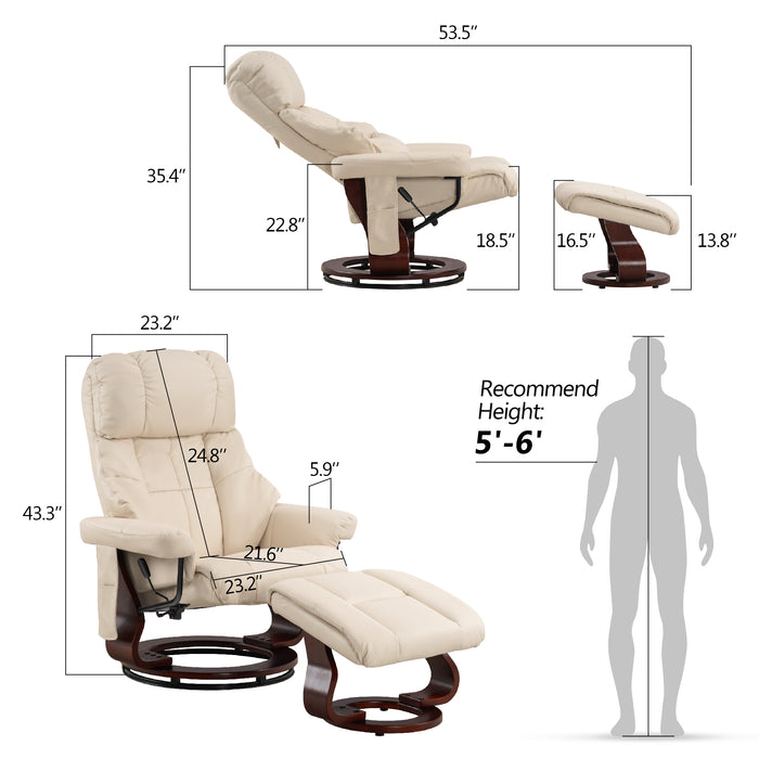 Mcombo Recliner with Ottoman Reclining Chair with Massage and Lumbar Pillow, 360 Degree Swivel Wood Base, Faux Leather 9068