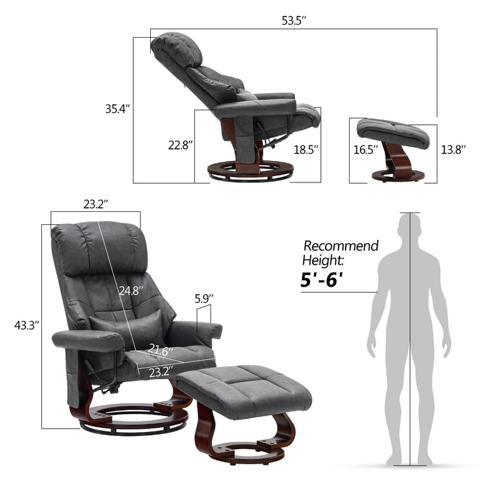 Mcombo Recliner with Ottoman Reclining Chair with Massage and Lumbar Pillow, 360 Degree Swivel Wood Base, Faux Leather 9068