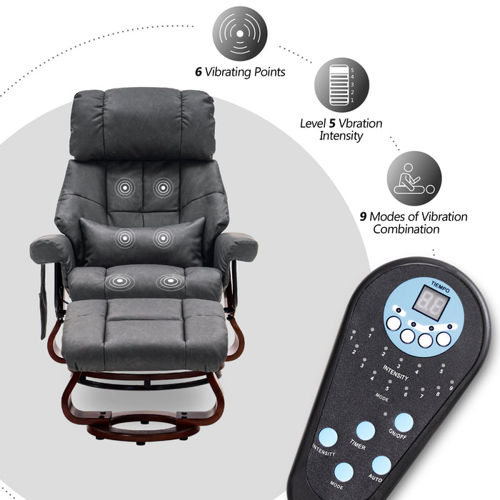 Mcombo Recliner with Ottoman Reclining Chair with Massage and Lumbar Pillow, 360 Degree Swivel Wood Base, Faux Leather 9068