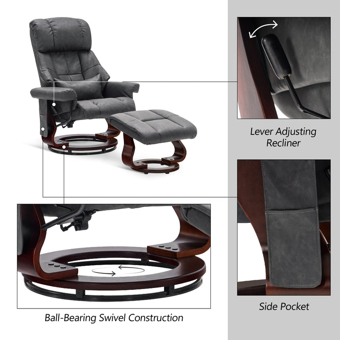 Mcombo Recliner with Ottoman Reclining Chair with Massage and Lumbar Pillow, 360 Degree Swivel Wood Base, Faux Leather 9068