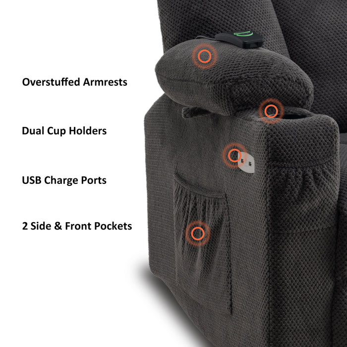 Mcombo Electric Power Recliner Chair with Massage & Heat, Extended Footrest, USB Ports, 2 Side Pockets, Cup Holders, Plush Fabric 8015