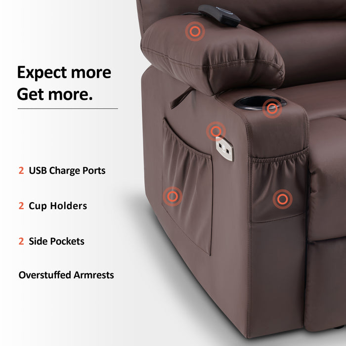 Mcombo Electric Power Lift Recliner Chair Sofa with Massage and Heat for Elderly, Extended Footrest, Hand Remote Control, 2 Side Pockets, Cup Holders, USB Ports, Faux Leather 7095