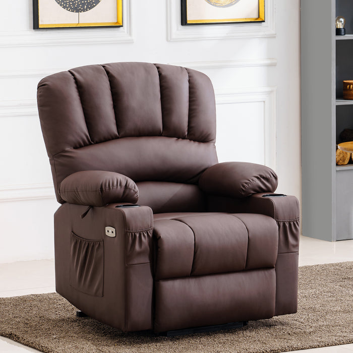 Mcombo Electric Power Lift Recliner Chair Sofa with Massage and Heat for Elderly, Extended Footrest, Hand Remote Control, 2 Side Pockets, Cup Holders, USB Ports, Faux Leather 7095
