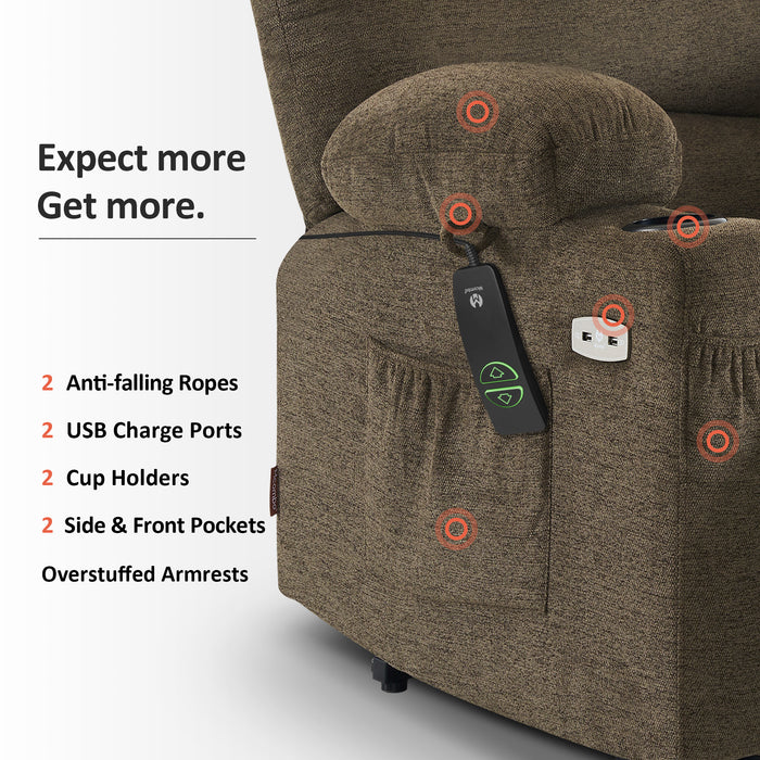 Mcombo Electric Power Lift Recliner Chair Sofa with Massage and Heat for Elderly, Extended Footrest, Hand Remote Control, 2 Side Pockets, Cup Holders, USB Ports, Fabric 7095