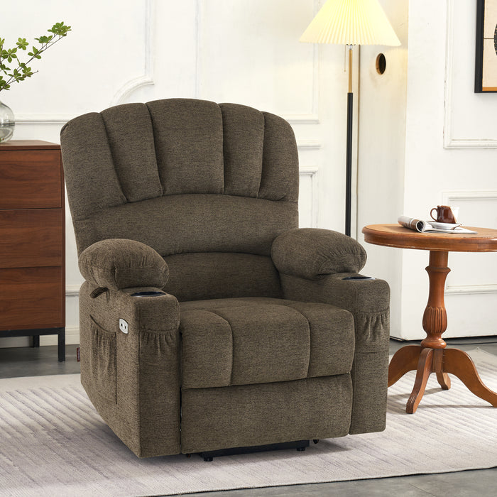 Mcombo Electric Power Lift Recliner Chair Sofa with Massage and Heat for Elderly, Extended Footrest, Hand Remote Control, 2 Side Pockets, Cup Holders, USB Ports, Fabric 7095