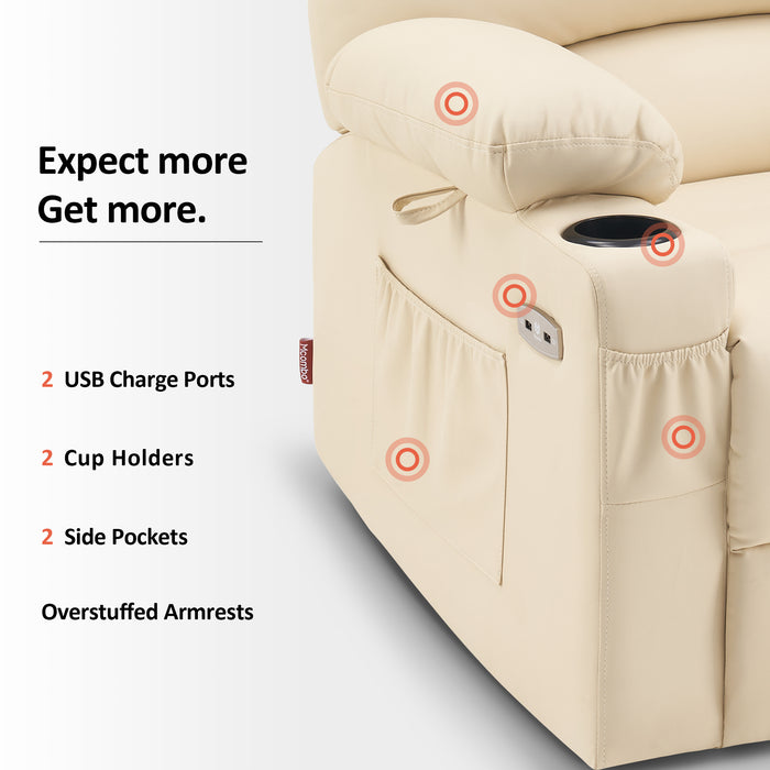 Mcombo Electric Power Lift Recliner Chair Sofa with Massage and Heat for Elderly, Extended Footrest, Hand Remote Control, 2 Side Pockets, Cup Holders, USB Ports, Faux Leather 7095