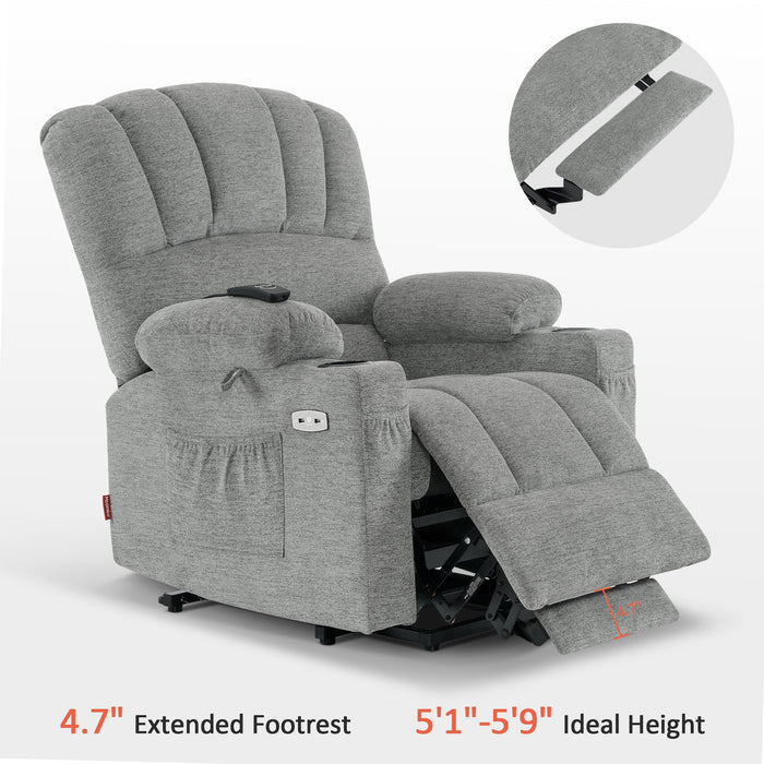 Mcombo Electric Power Lift Recliner Chair Sofa with Massage and Heat for Elderly, Extended Footrest, Hand Remote Control, 2 Side Pockets, Cup Holders, USB Ports, Fabric 7095