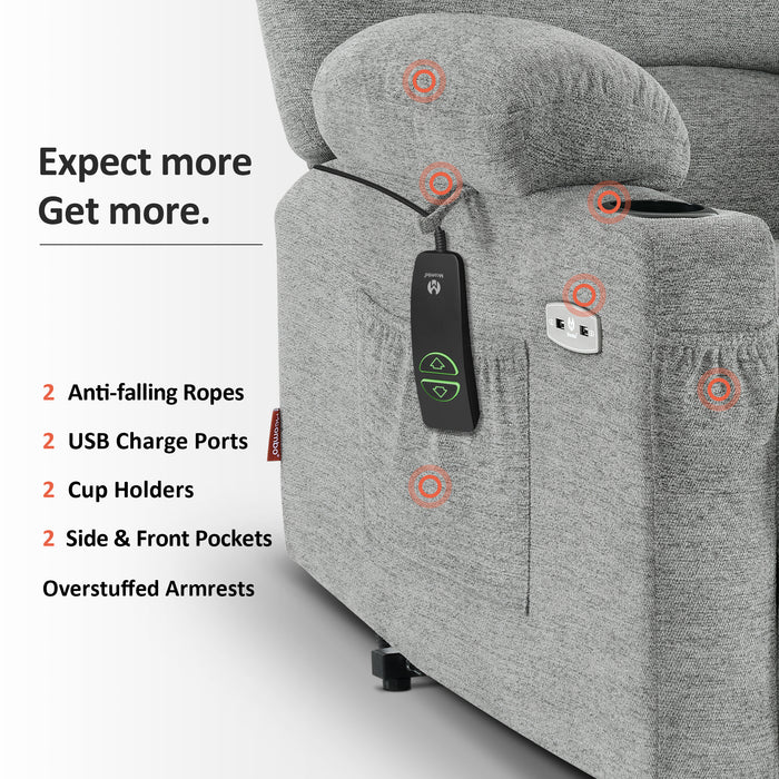 Mcombo Electric Power Lift Recliner Chair Sofa with Massage and Heat for Elderly, Extended Footrest, Hand Remote Control, 2 Side Pockets, Cup Holders, USB Ports, Fabric 7095
