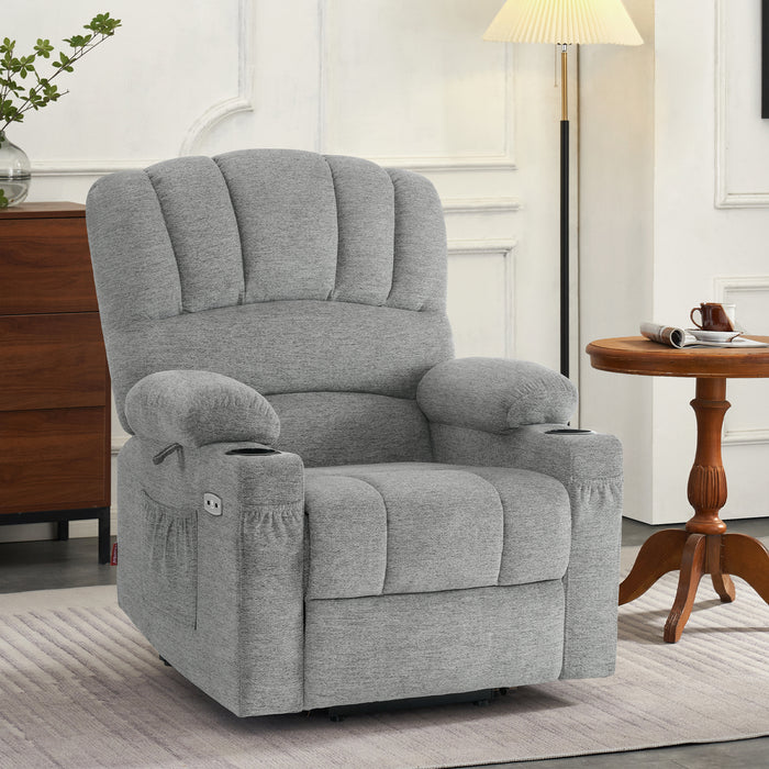 Mcombo Electric Power Lift Recliner Chair Sofa with Massage and Heat for Elderly, Extended Footrest, Hand Remote Control, 2 Side Pockets, Cup Holders, USB Ports, Fabric 7095