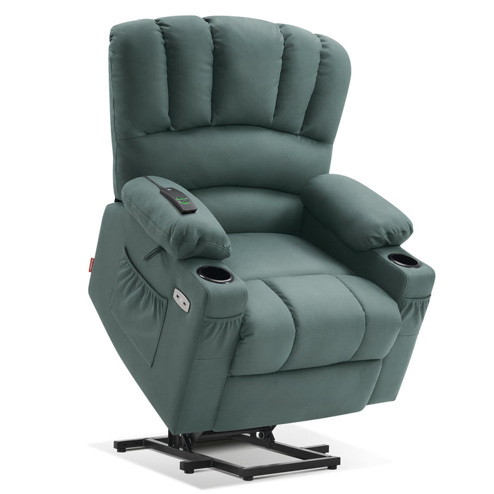 Mcombo Electric Power Lift Recliner Chair Sofa with Massage and Heat for Elderly, Extended Footrest, Hand Remote Control, 2 Side Pockets, Cup Holders, USB Ports, Fabric 7095