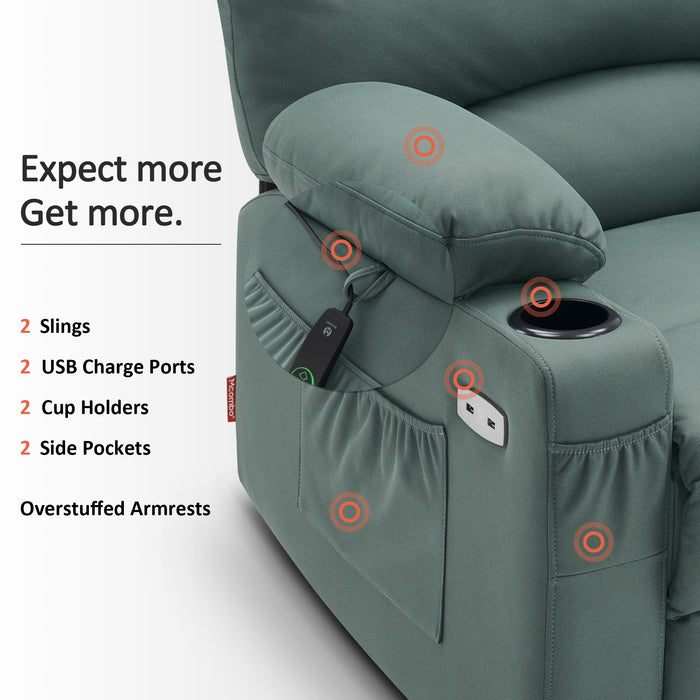 Mcombo Electric Power Lift Recliner Chair Sofa with Massage and Heat for Elderly, Extended Footrest, Hand Remote Control, 2 Side Pockets, Cup Holders, USB Ports, Fabric 7095