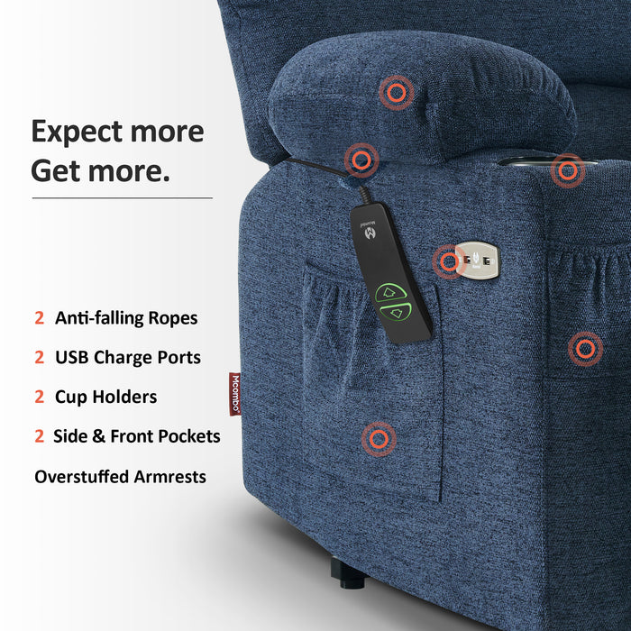 Mcombo Electric Power Lift Recliner Chair Sofa with Massage and Heat for Elderly, Extended Footrest, Hand Remote Control, 2 Side Pockets, Cup Holders, USB Ports, Fabric 7095