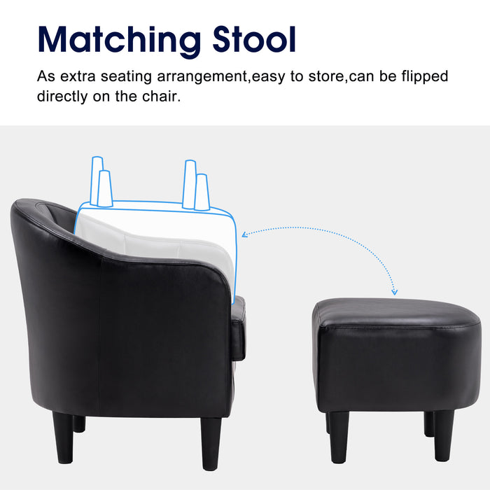 Mcombo Accent Club Chair, Barrel Chair with Ottoman, Faux Leather Arm Chair for Living Room Bedroom, Small Space 4022