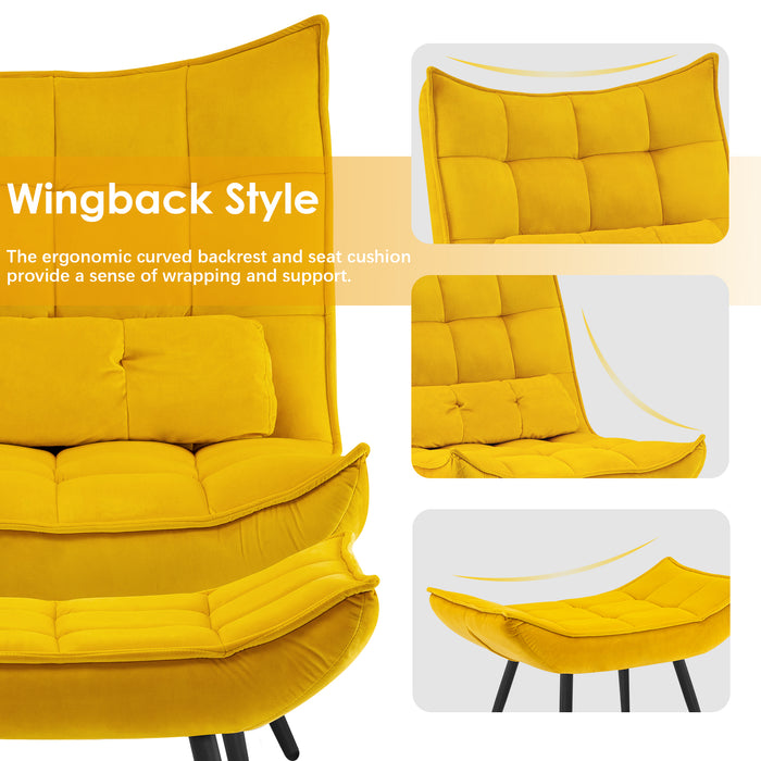 Mcombo Accent Chair with Ottoman, Velvet Modern Tufted Wingback Club Chair, Upholstered Leisure Chairs with Metal Legs for Bedroom Living Room 4079