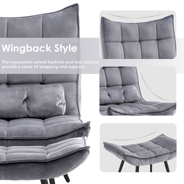 Mcombo Accent Chair with Ottoman, Velvet Modern Tufted Wingback Club Chair, Upholstered Leisure Chairs with Metal Legs for Bedroom Living Room 4079