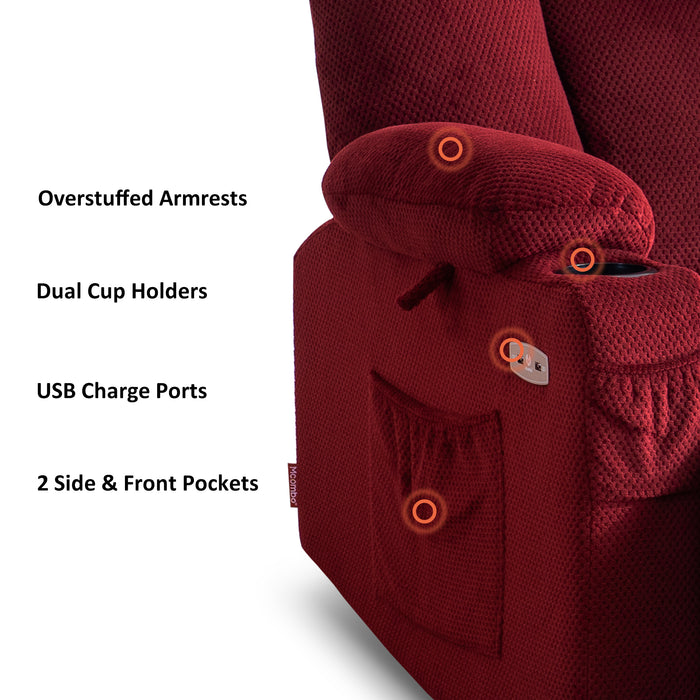 Mcombo Electric Power Recliner Chair with Massage & Heat, Extended Footrest, USB Ports, 2 Side Pockets, Cup Holders, Plush Fabric 8015