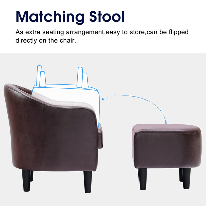Mcombo Accent Club Chair, Barrel Chair with Ottoman, Faux Leather Arm Chair for Living Room Bedroom, Small Space 4022