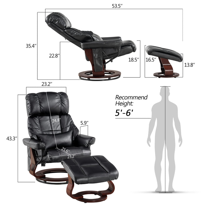 Mcombo Recliner with Ottoman Reclining Chair with Massage and Lumbar Pillow, 360 Degree Swivel Wood Base, Faux Leather 9068