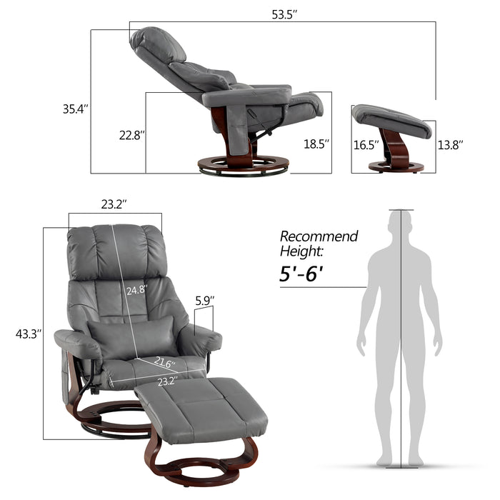 Mcombo Recliner with Ottoman Reclining Chair with Massage and Lumbar Pillow, 360 Degree Swivel Wood Base, Faux Leather 9068
