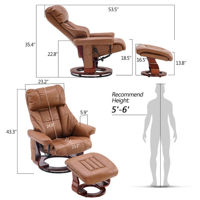 Mcombo Recliner with Ottoman Reclining Chair with Massage and Lumbar Pillow, 360 Degree Swivel Wood Base, Faux Leather 9068