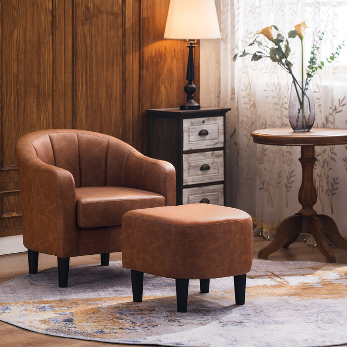 Mcombo Accent Club Chair, Barrel Chair with Ottoman, Faux Leather Arm Chair for Living Room Bedroom, Small Space 4022