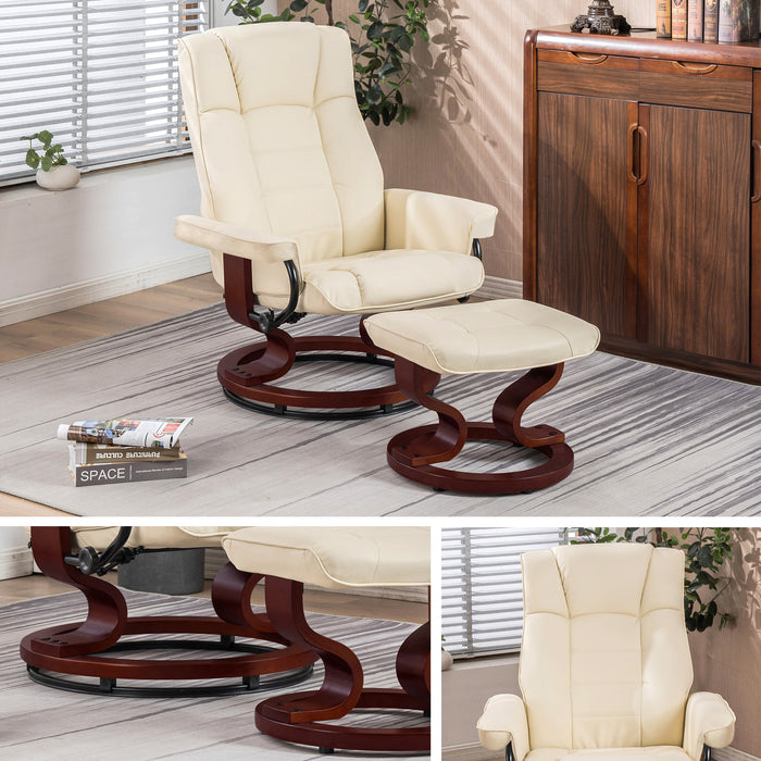 Mcombo Swiveling Recliner Chair with Wrapped Wood Base and Matching Ottoman Footrest, Furniture Casual Chair, Faux Leather 9019