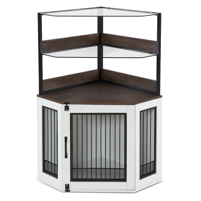 MCombo Corner Dog Crate Furniture with Glass Shelves, Wooden Dog Kennel Furniture with Door, Pet Crate Indoor Use, CN28