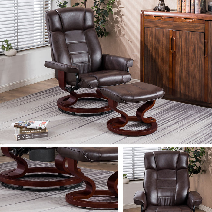 Mcombo Swiveling Recliner Chair with Wrapped Wood Base and Matching Ottoman Footrest, Furniture Casual Chair, Faux Leather 9019