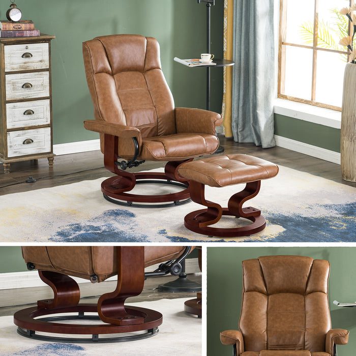 Mcombo Swiveling Recliner Chair with Wrapped Wood Base and Matching Ottoman Footrest, Furniture Casual Chair, Faux Leather 9019