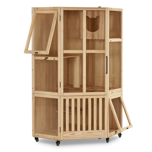 MCombo Large Corner Cat House Villa, Wooden Indoor Cat Enclosure with Scratching Post, Multi-Feature Enclosed Cat Cages with Escape Doors, Wood Cat Condo with Wheels CT96