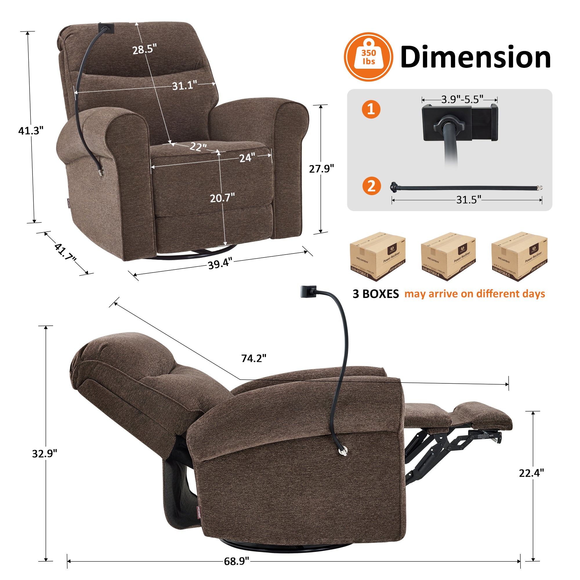 Triple Motor Power Swivel Rocker Recliner with Adjustable Headrest & Extended Footrest, Fabric PR638