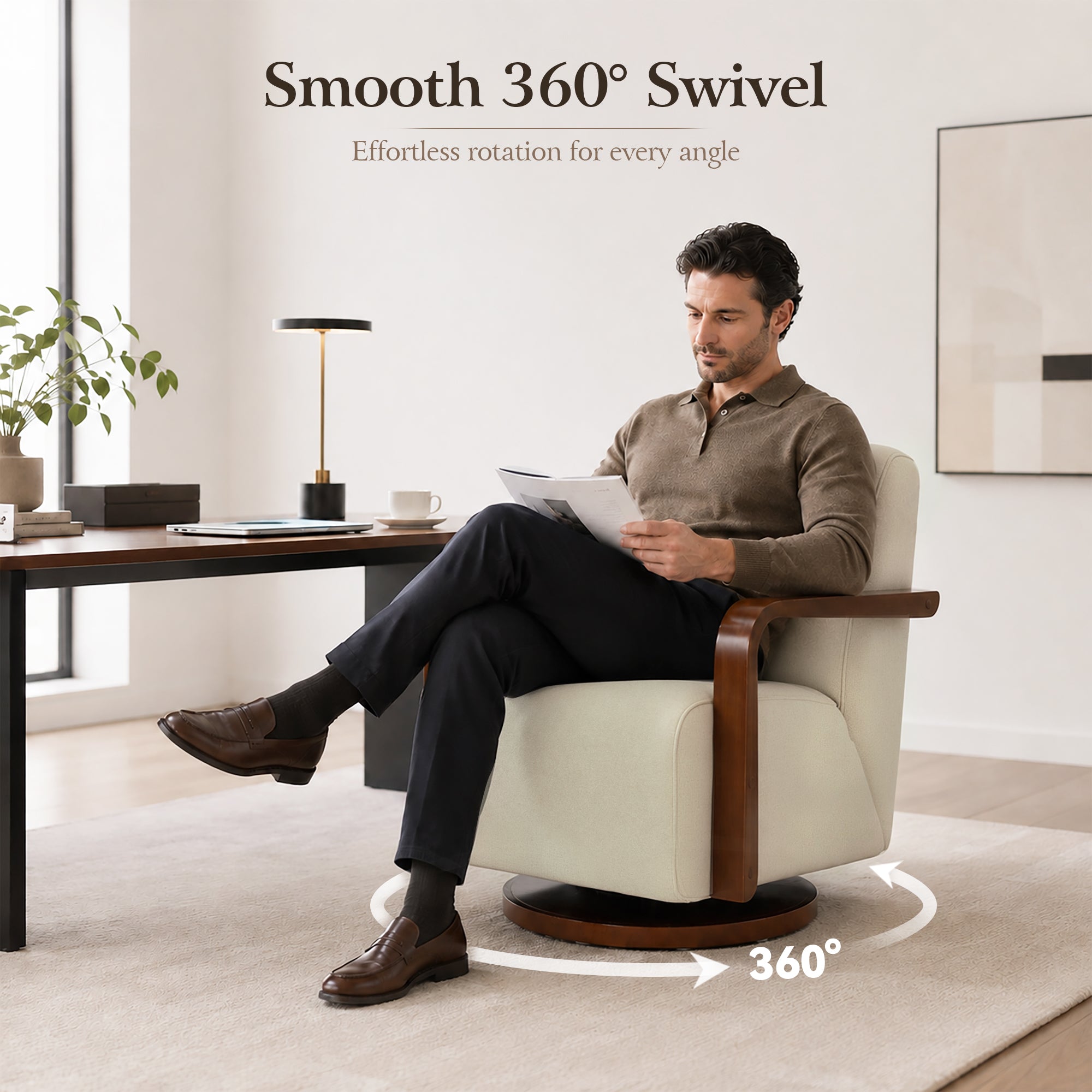 Swivel Glider Accent Chair, Wood Arm, Pet-Friendly Fabric, Classic Style for Living Room & Bedroom