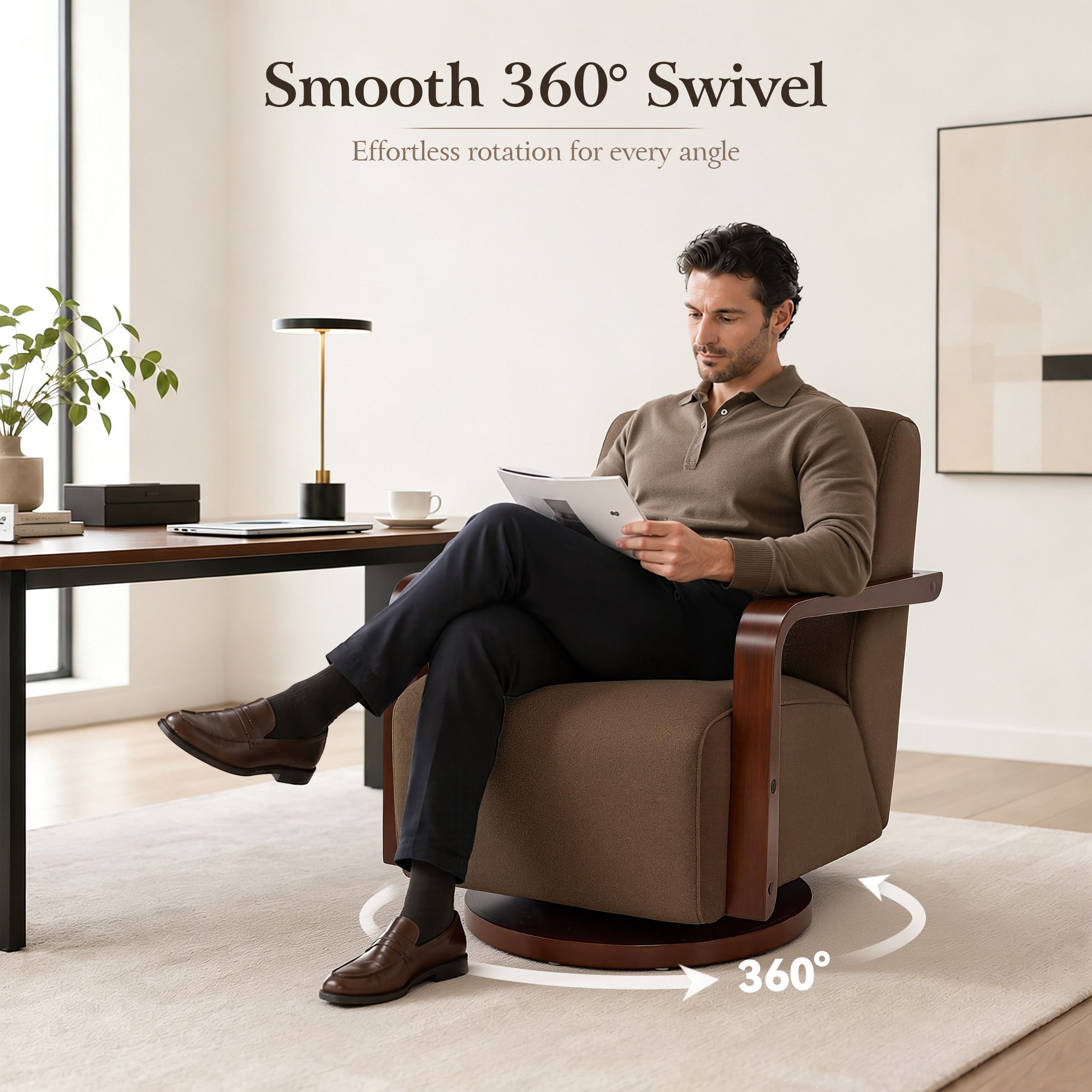 Swivel Glider Accent Chair, Wood Arm, Pet-Friendly Fabric, Classic Style for Living Room & Bedroom
