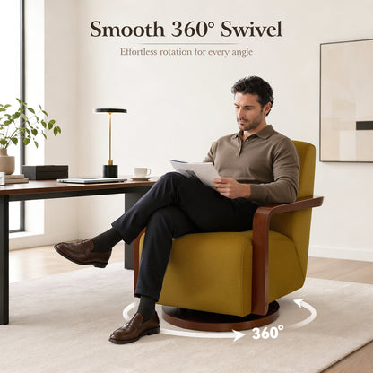 Swivel Glider Accent Chair, Wood Arm, Pet-Friendly Fabric, Classic Style for Living Room & Bedroom