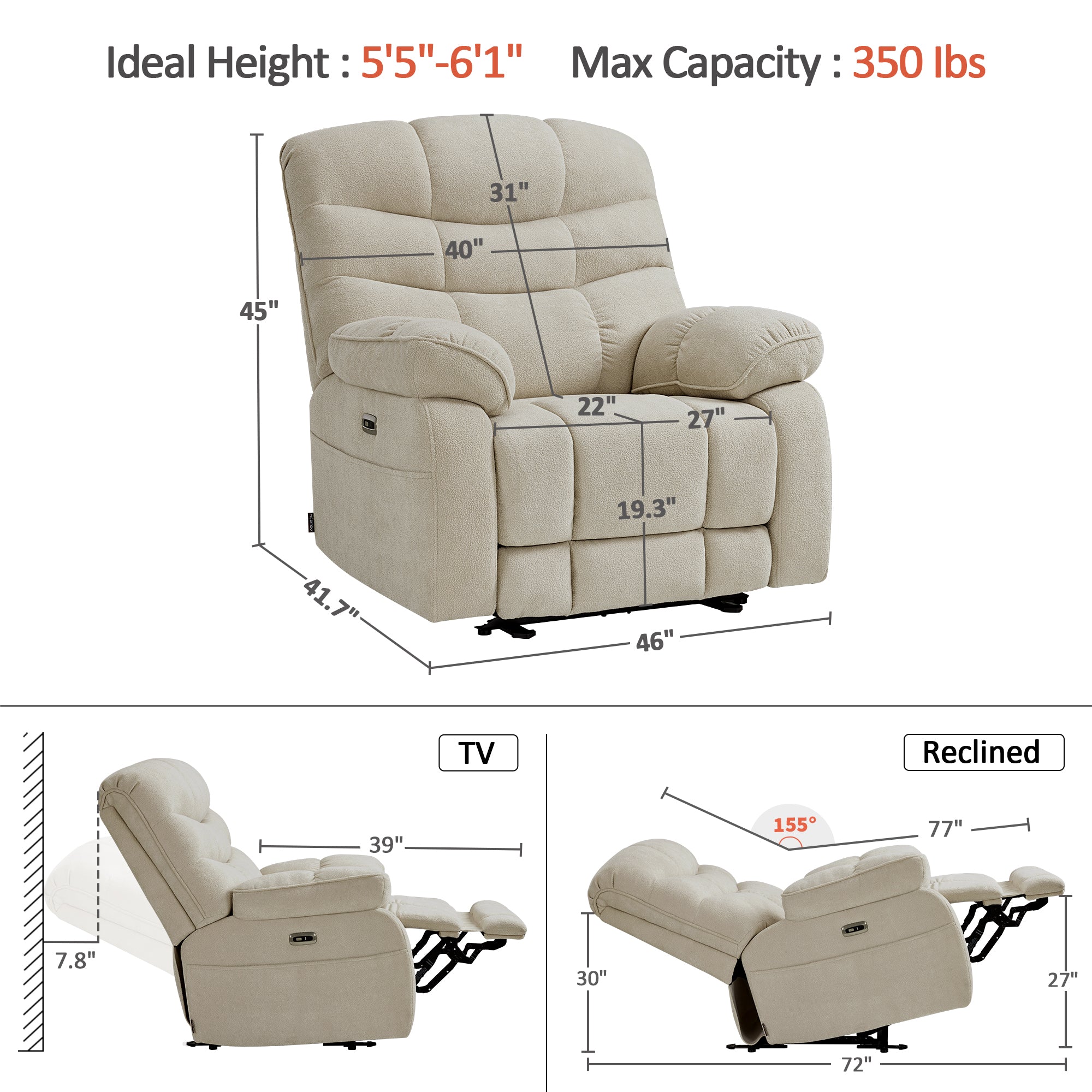 Oversized Power Recliner Chair for Big People, Zero Gravity Power