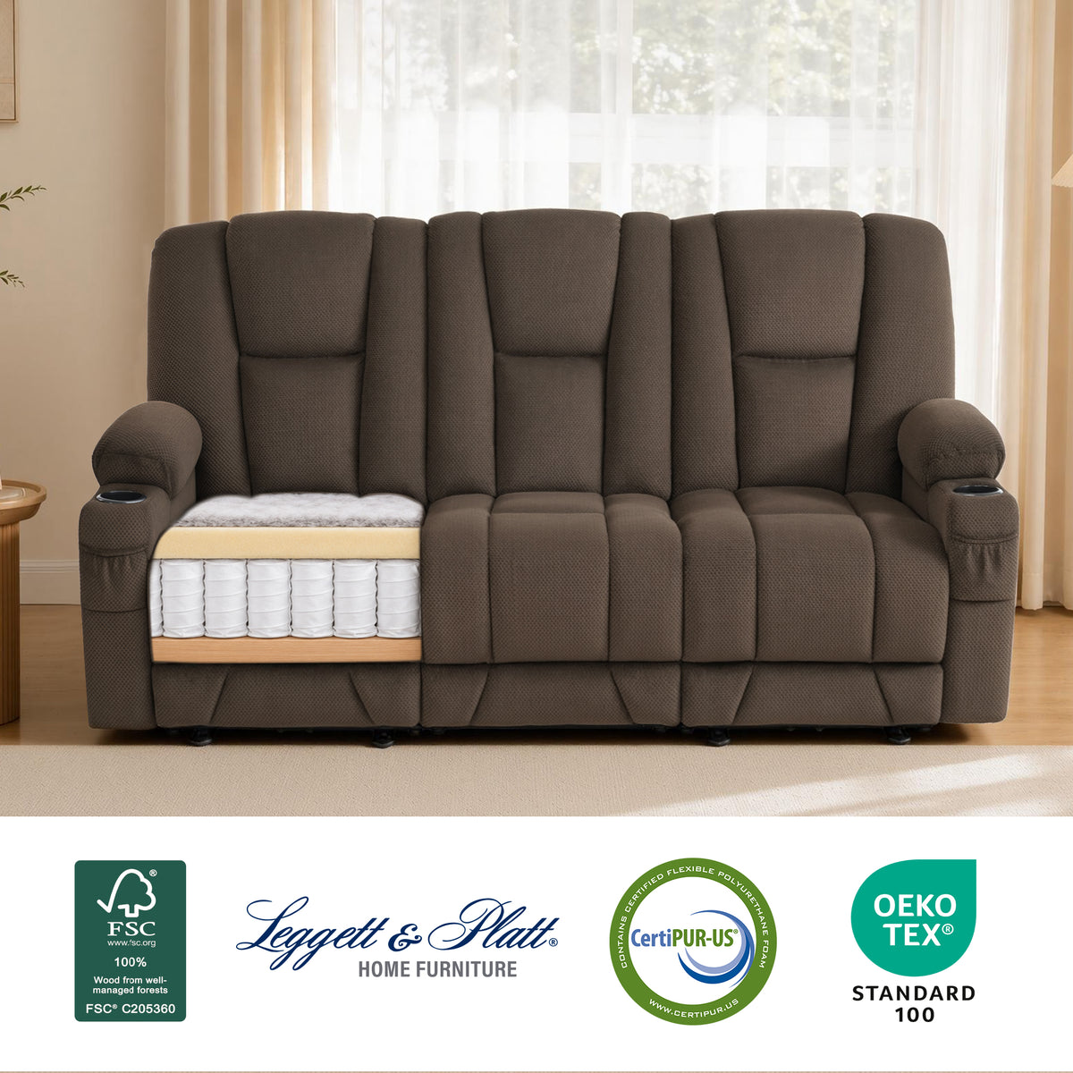81 in 3 Seater Reclining Sofa with Heat and  Massage 6034M3