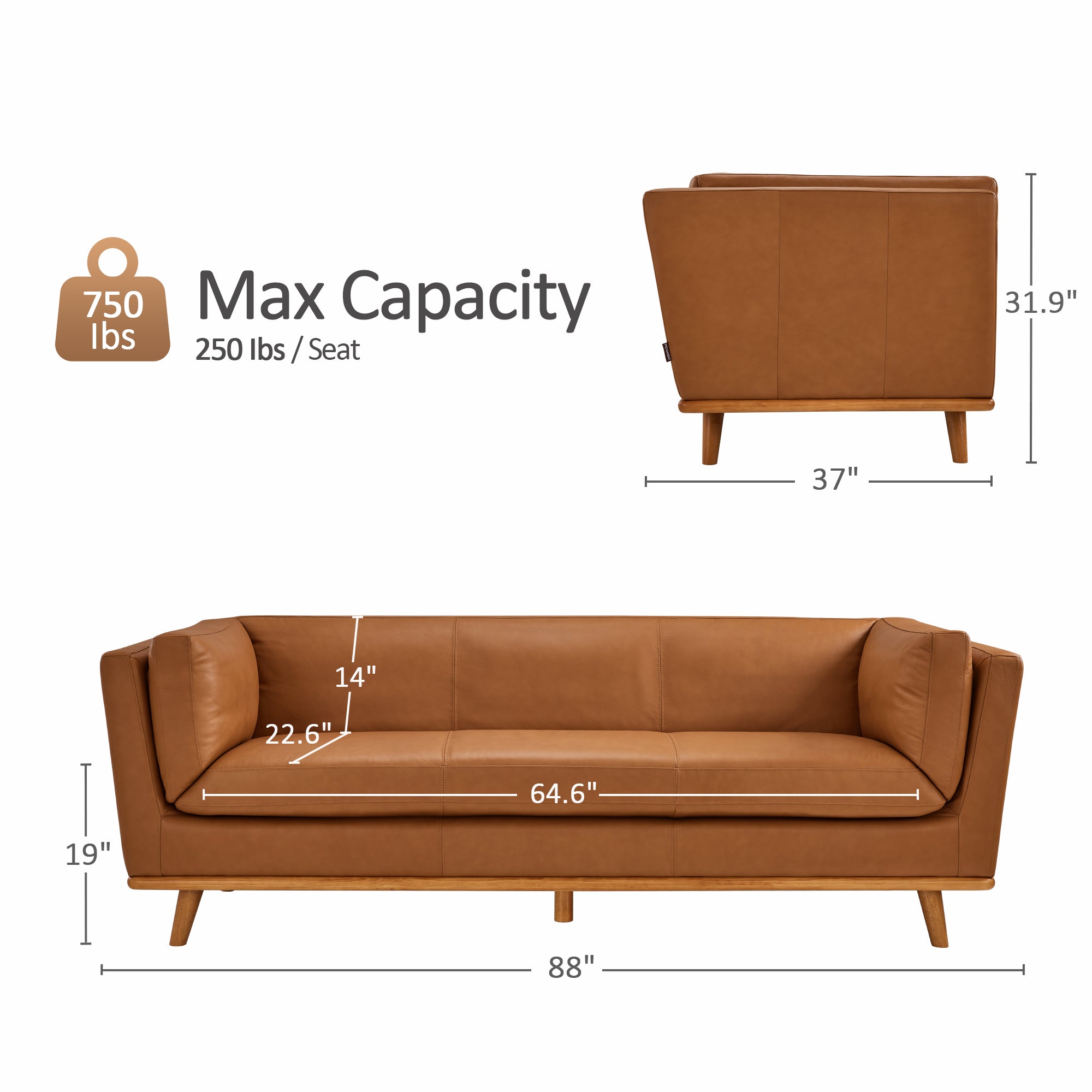88'' Genuine Leather Sofa, 100% Full-Grain Leather Sofa with Solid Wood Frame, Real Leather Sofa for Living Room, Napa Leather VE701