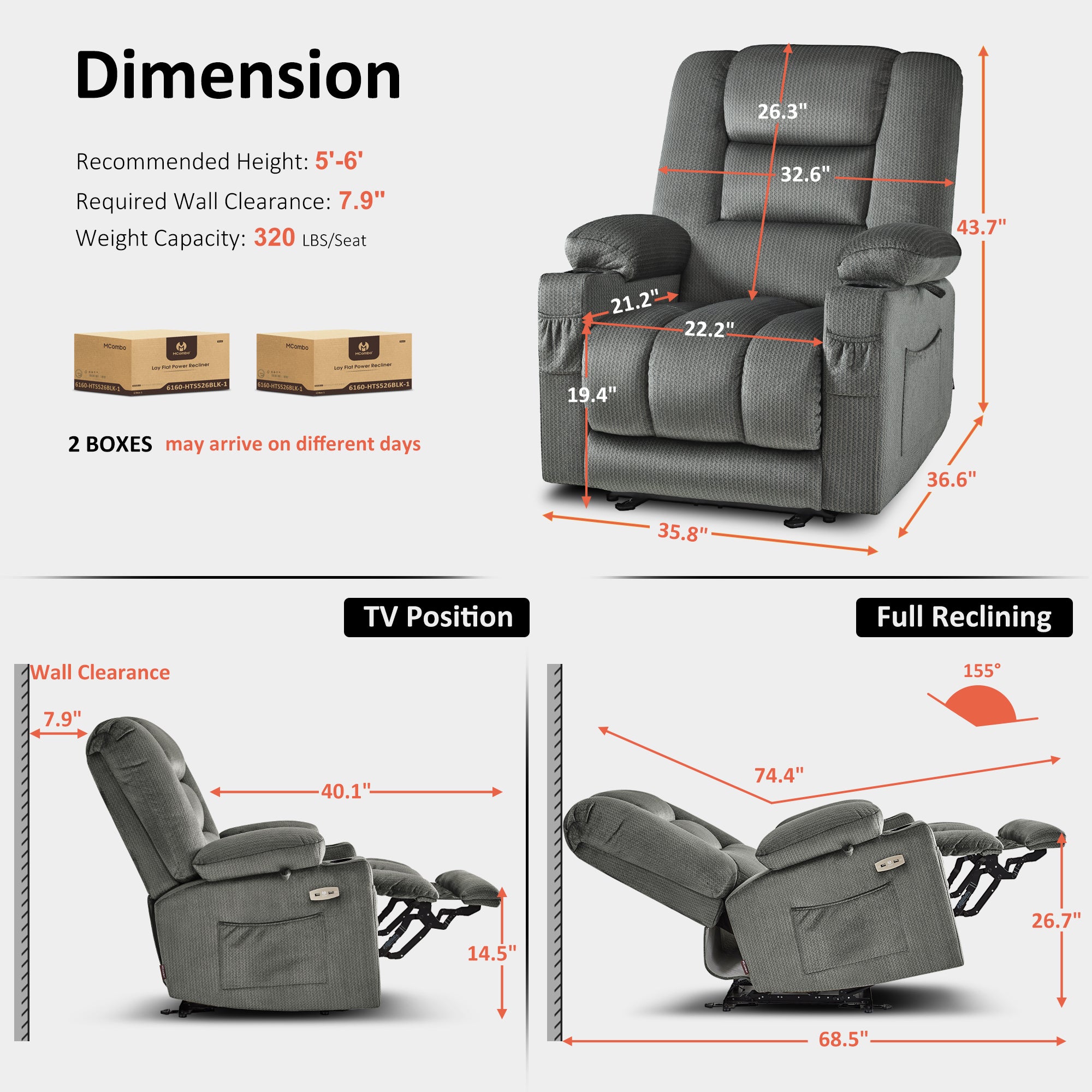 Power Recliner Chair with Heat and Massage, Fabric 6079|PR670|PR671
