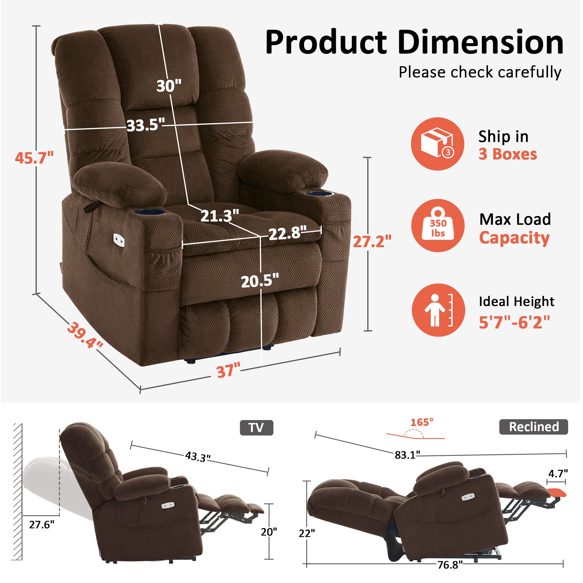 Power Lift Recliner Chair, Triple Motor, Massage and Heat, Fabric 7634|7631|7632|R7635