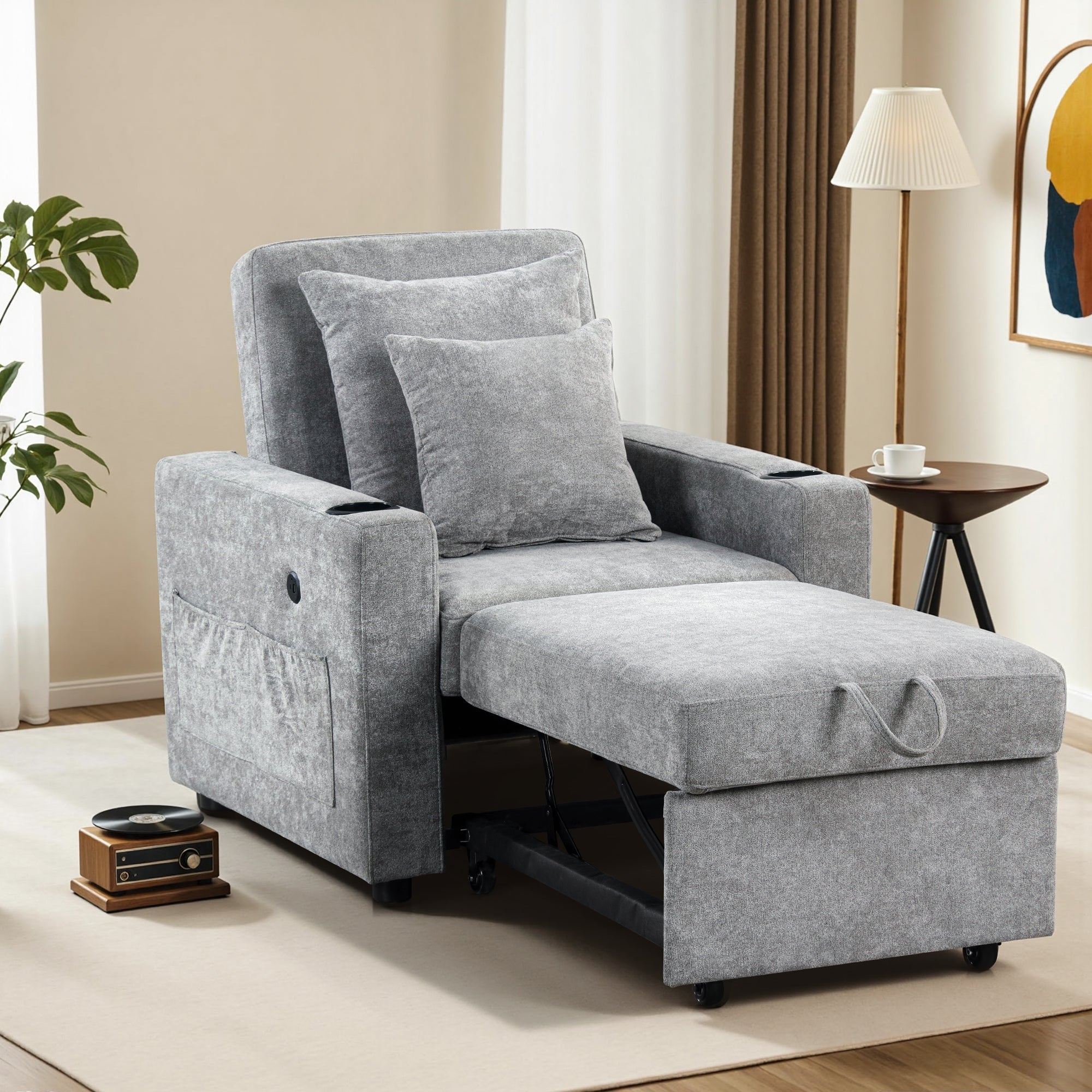 MCombo Convertible Sleeper Chair Bed, 3-in-1 Folding Sofa Chair with Adjustable Backrest, Pull-Out Bed with USB Port, Cup Holders, Linen Fabric, for Small Spaces Living Room Guest Room Office VN6001