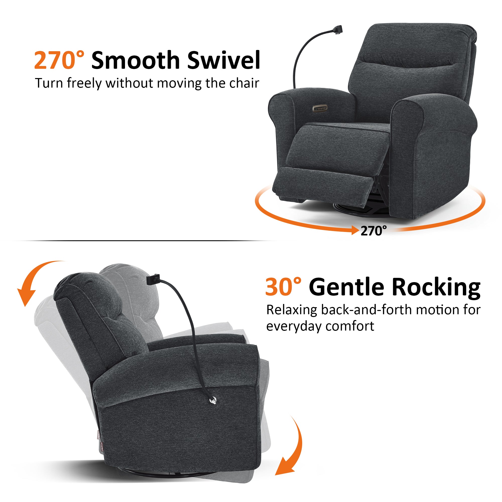 Triple Motor Power Swivel Rocker Recliner with Adjustable Headrest & Extended Footrest, Fabric PR638