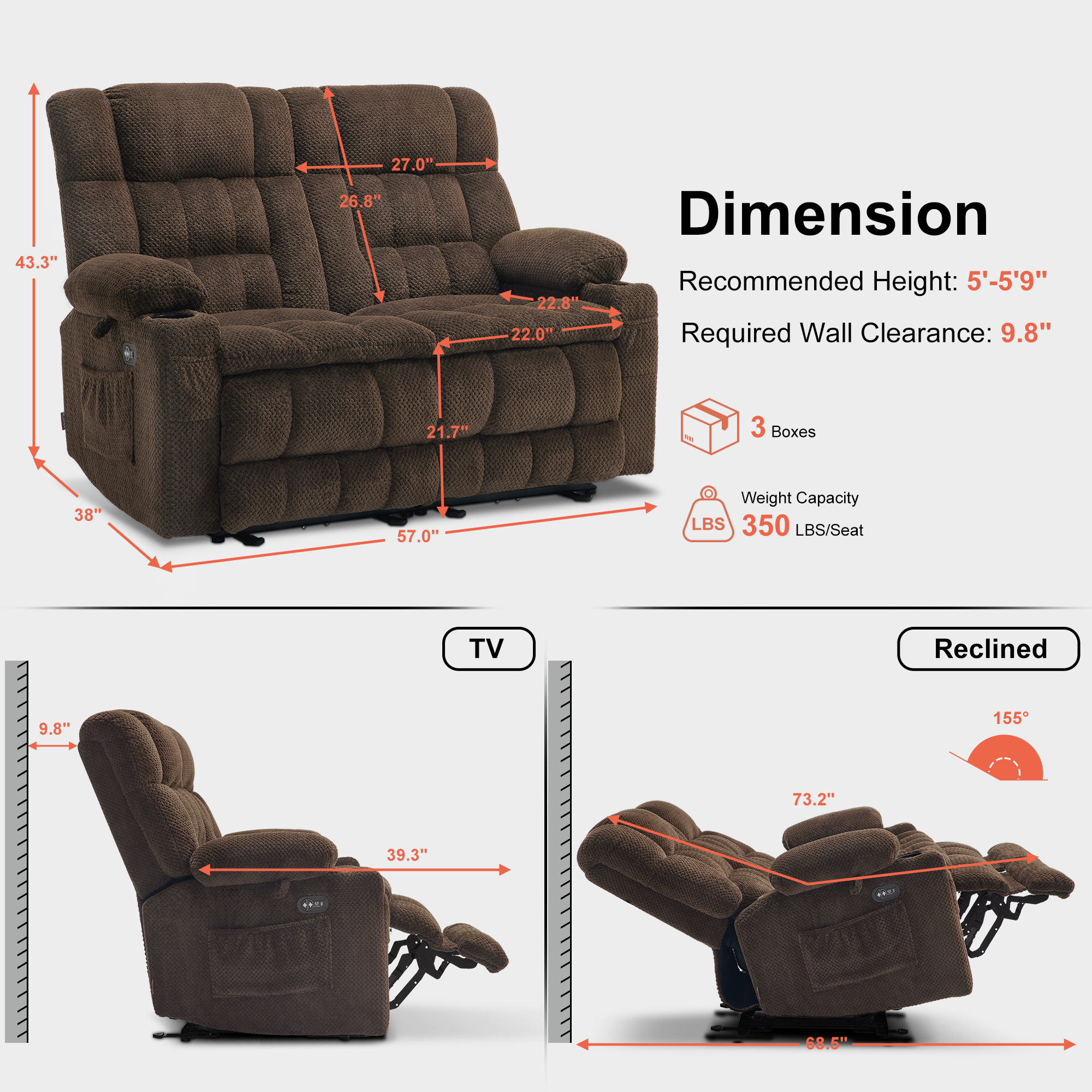Power Reclining Loveseat with Heat and Massage, Fabric 6314|6316M3