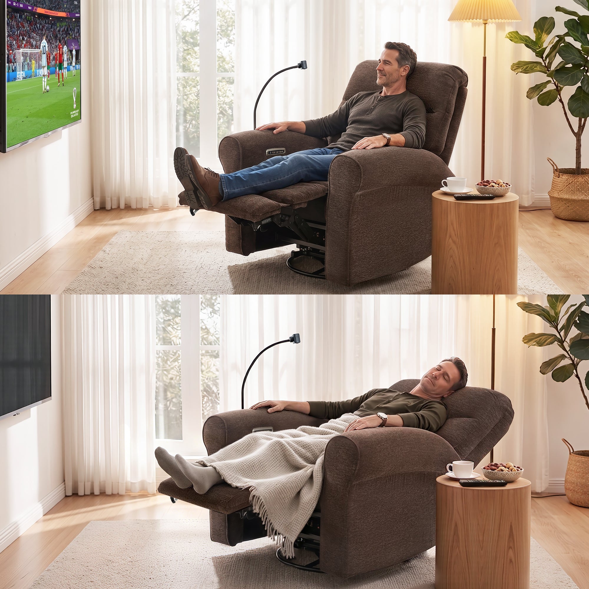 Triple Motor Power Swivel Rocker Recliner with Adjustable Headrest & Extended Footrest, Fabric PR638