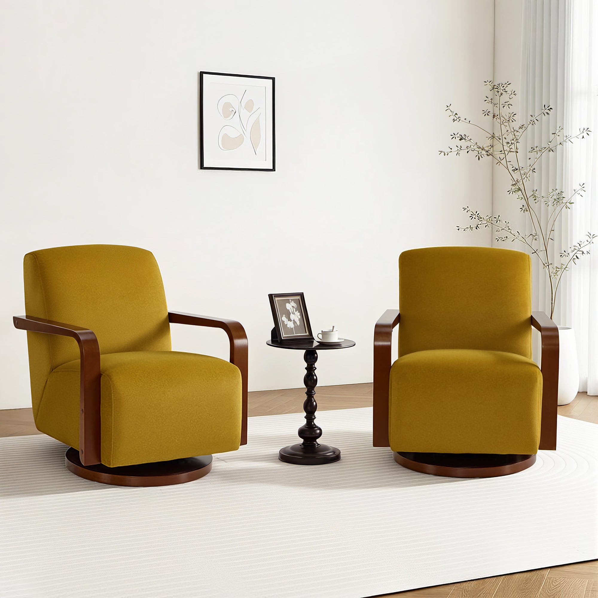 Swivel Glider Accent Chair, Wood Arm, Pet-Friendly Fabric, Classic Style for Living Room & Bedroom