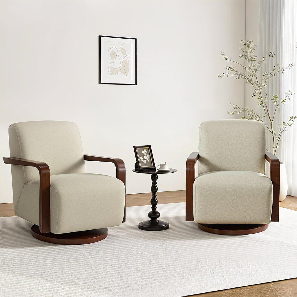 Swivel Glider Accent Chair, Wood Arm, Pet-Friendly Fabric, Classic Style for Living Room & Bedroom