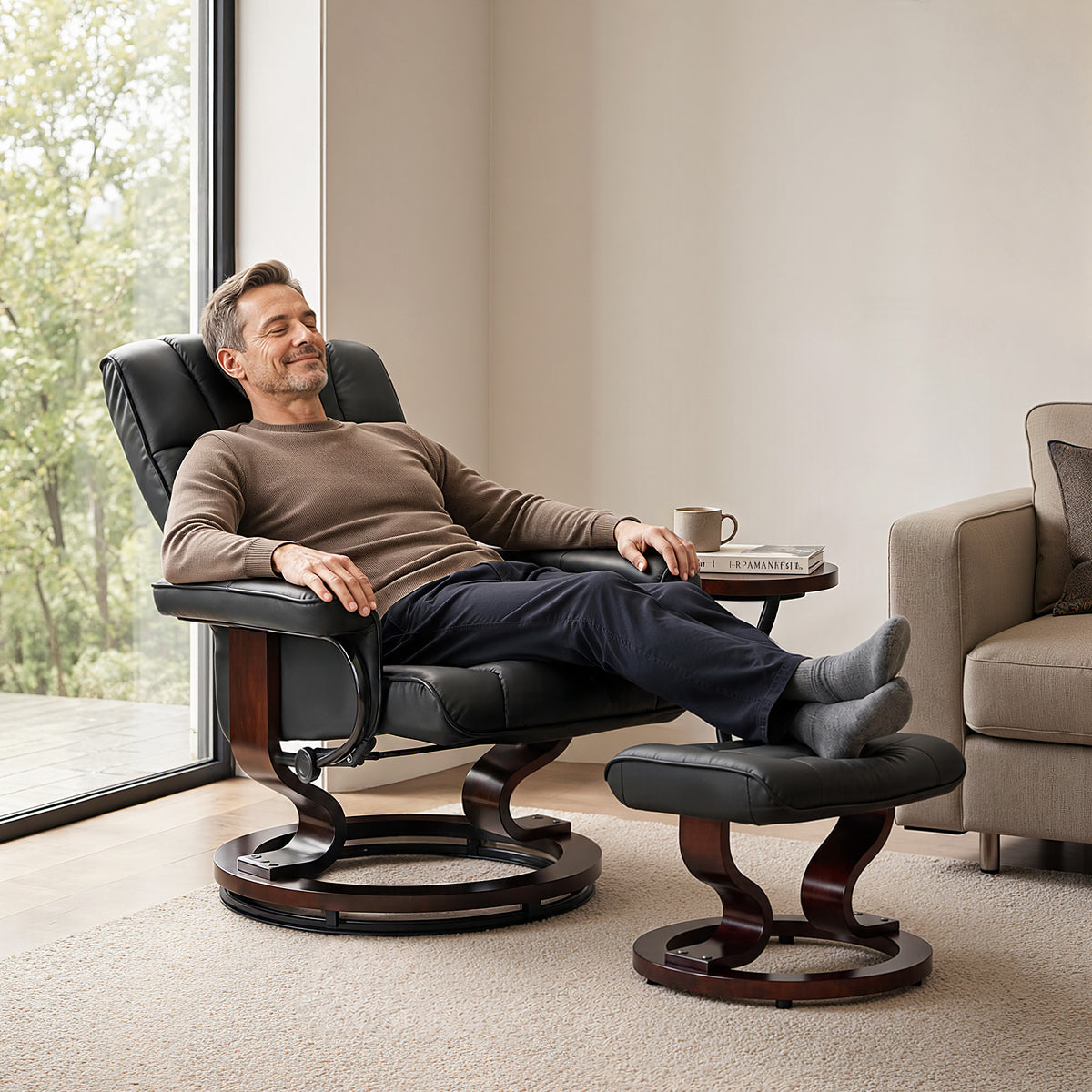 Swivel Recliner with Ottoman, Faux Leather 9019