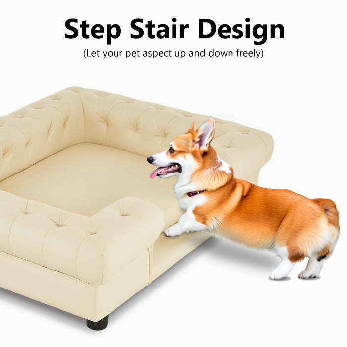 Mcombo Pet Sofa Bed Dog Couch For Small Dogs Faux Leather With Stairs 6321 Cream White