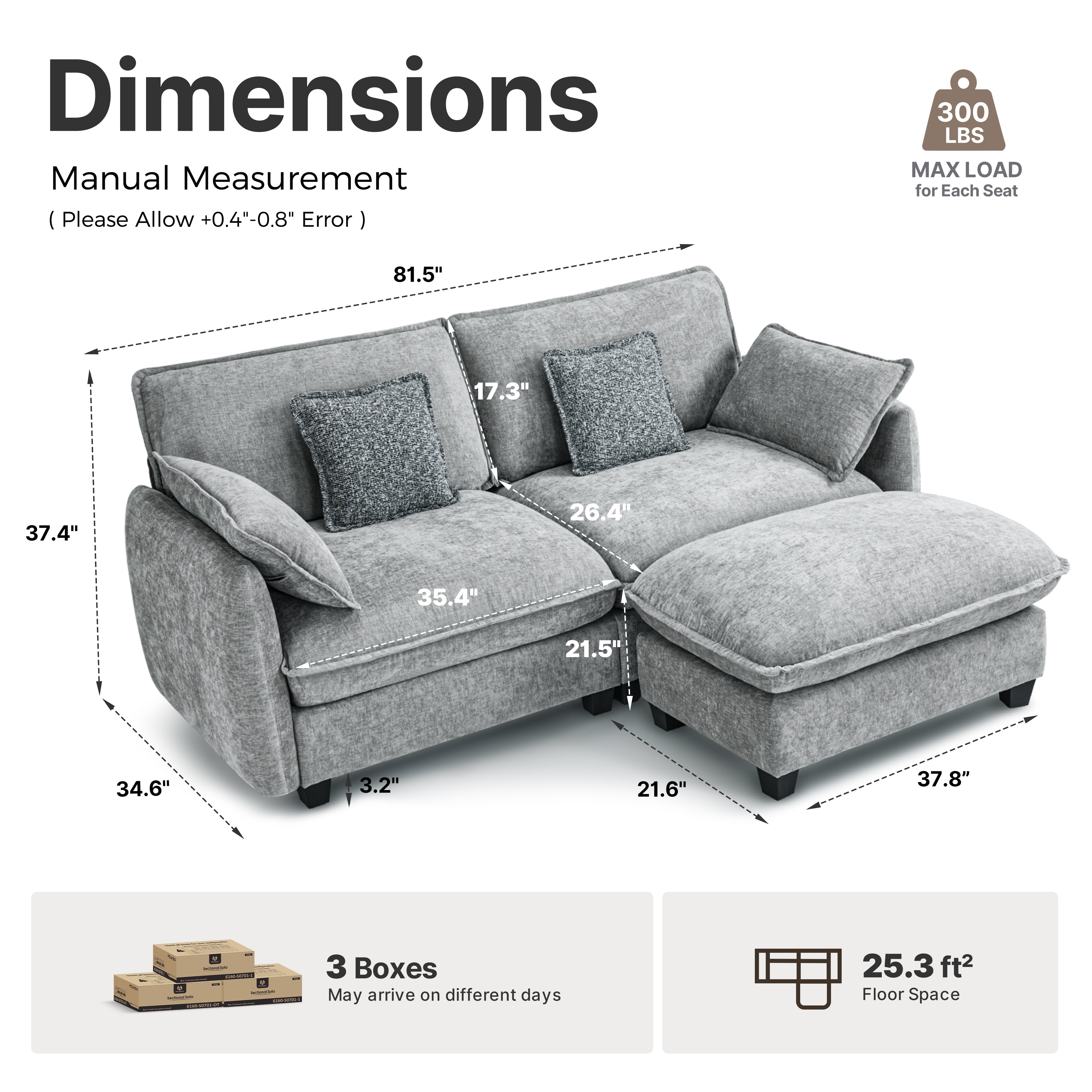 Oversized Cloud Modular Sectional Sofa, FSC Certified Sectional Couches with Ottoman for Living Room S0701